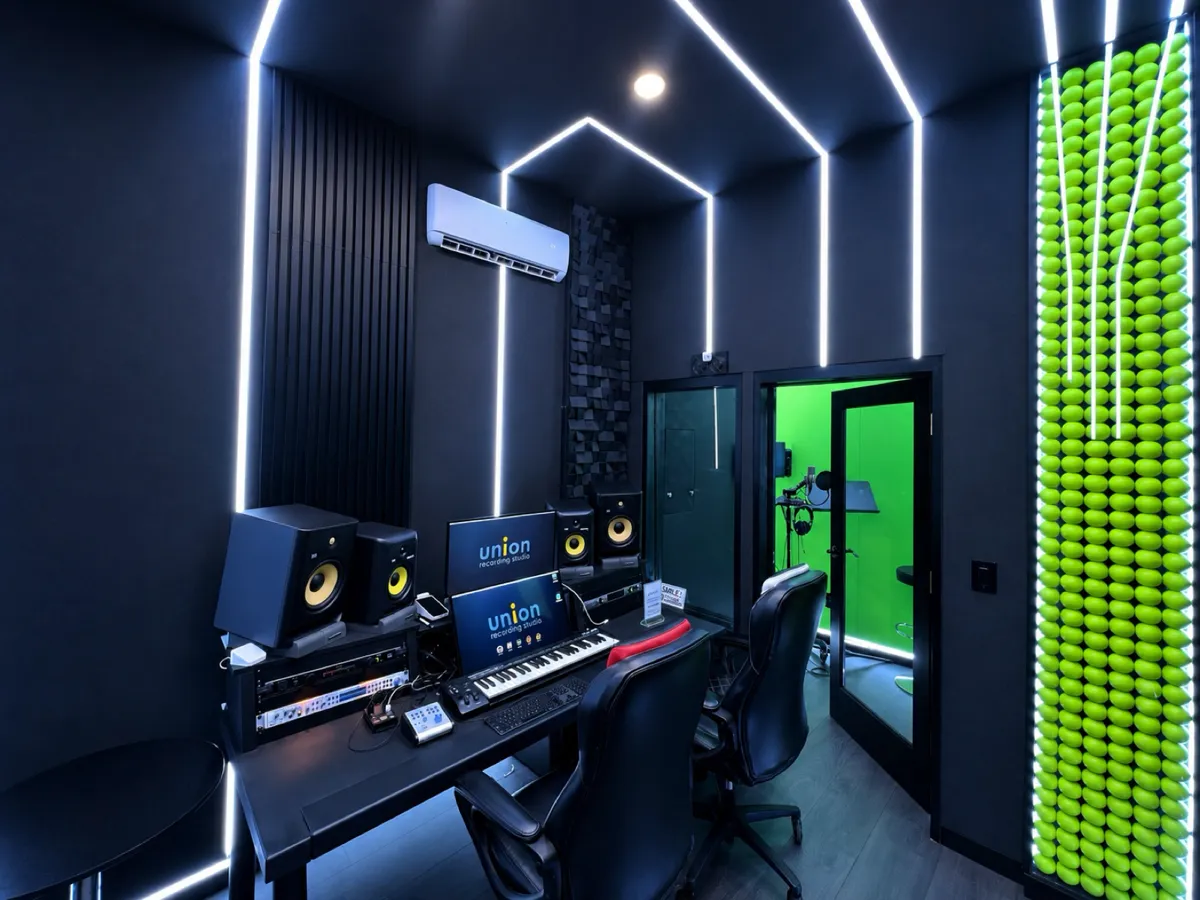BLK MAZE room at UNION: black walls with white LED strips, a desk with studio monitors and a keyboard controller, and an open booth door lit green.