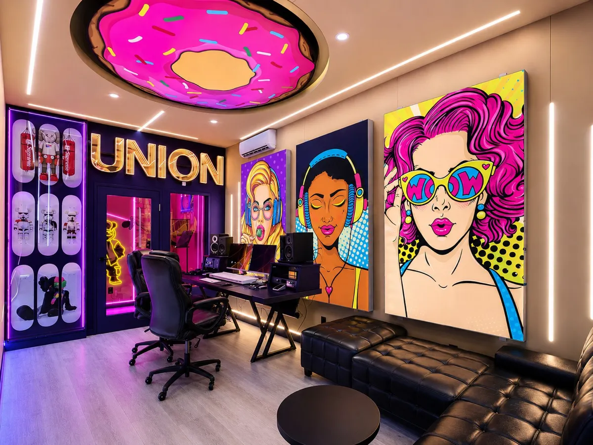 LEGACY control room at UNION: engineer's desk with dual screens and studio monitors, pop art panels, a lit UNION sign, and black leather seating.