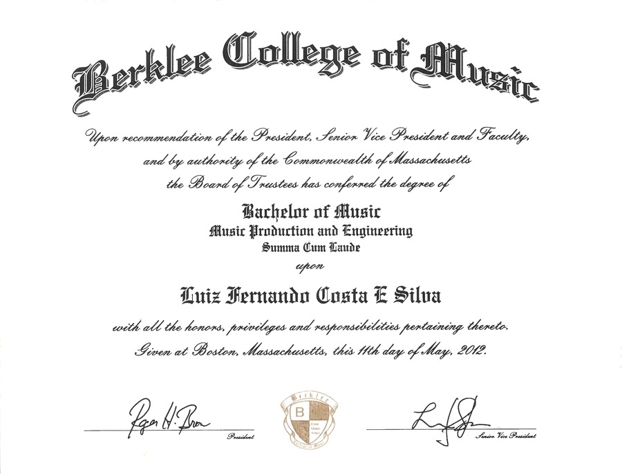 Berklee College of Music diploma, Summa Cum Laude