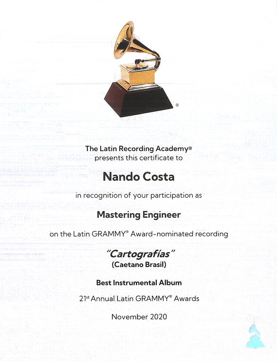 Latin GRAMMY Awards certificate, Nando Costa, Mastering Engineer